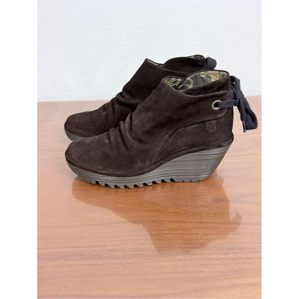Fly London Yama Dark Brown Suede Wedge Ankle Booties with Back Tie 38